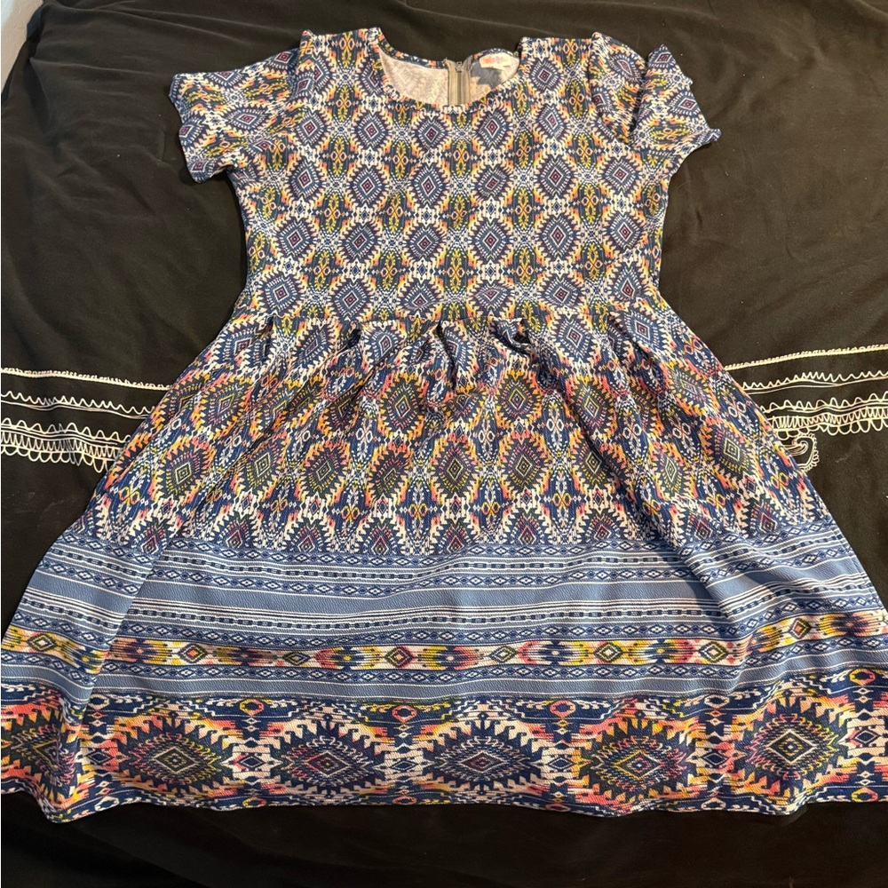 LuLaRoe Midi Dress in Blue, Yellow, Pink Pattern